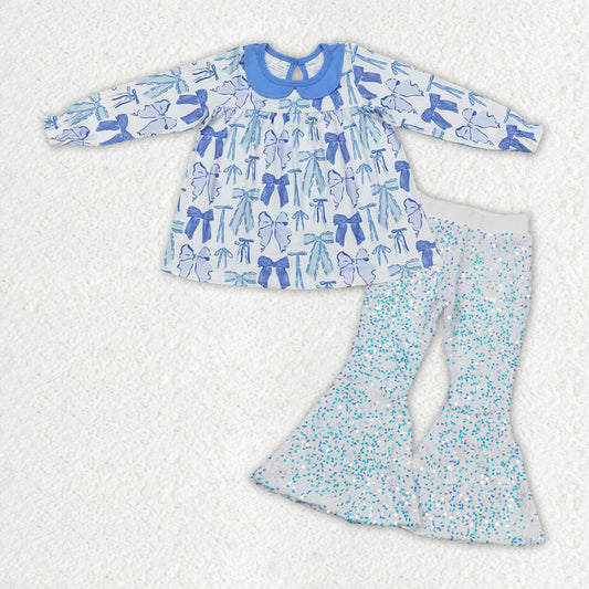 Wholesale kids blue bow tunic top  sequins bell bottoms boutique clothes