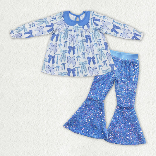 Wholesale kids blue bow tunic top matching sequins bell bottoms boutique clothes