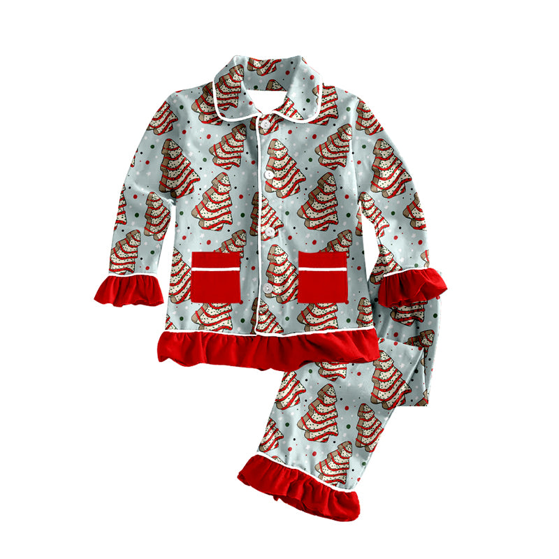 Christmas tree button down long sleeve pajama set preorder