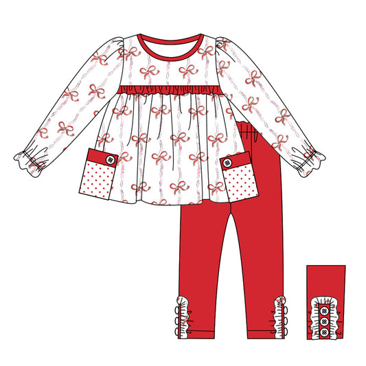 Girls red bow long sleeve tunic top matching pants boutique clothes preorder