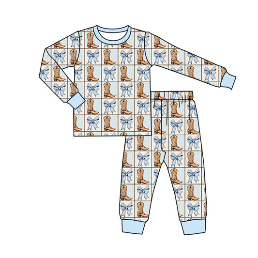 cowgirl western boots blue bow long sleeve pajama set preorder