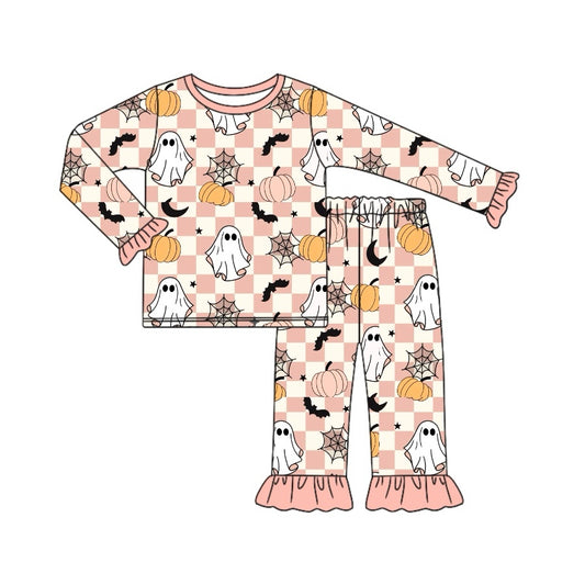 baby girl clothes Halloween ghost pumpkin pink checkered long sleeve pajama set preorder