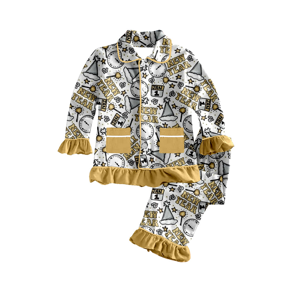 Happy New Year baby girls button down long sleeve pajama set preorder