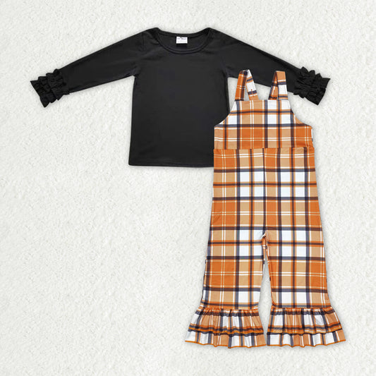 Baby girls black long sleeve top orange plaid suspender pants outfit