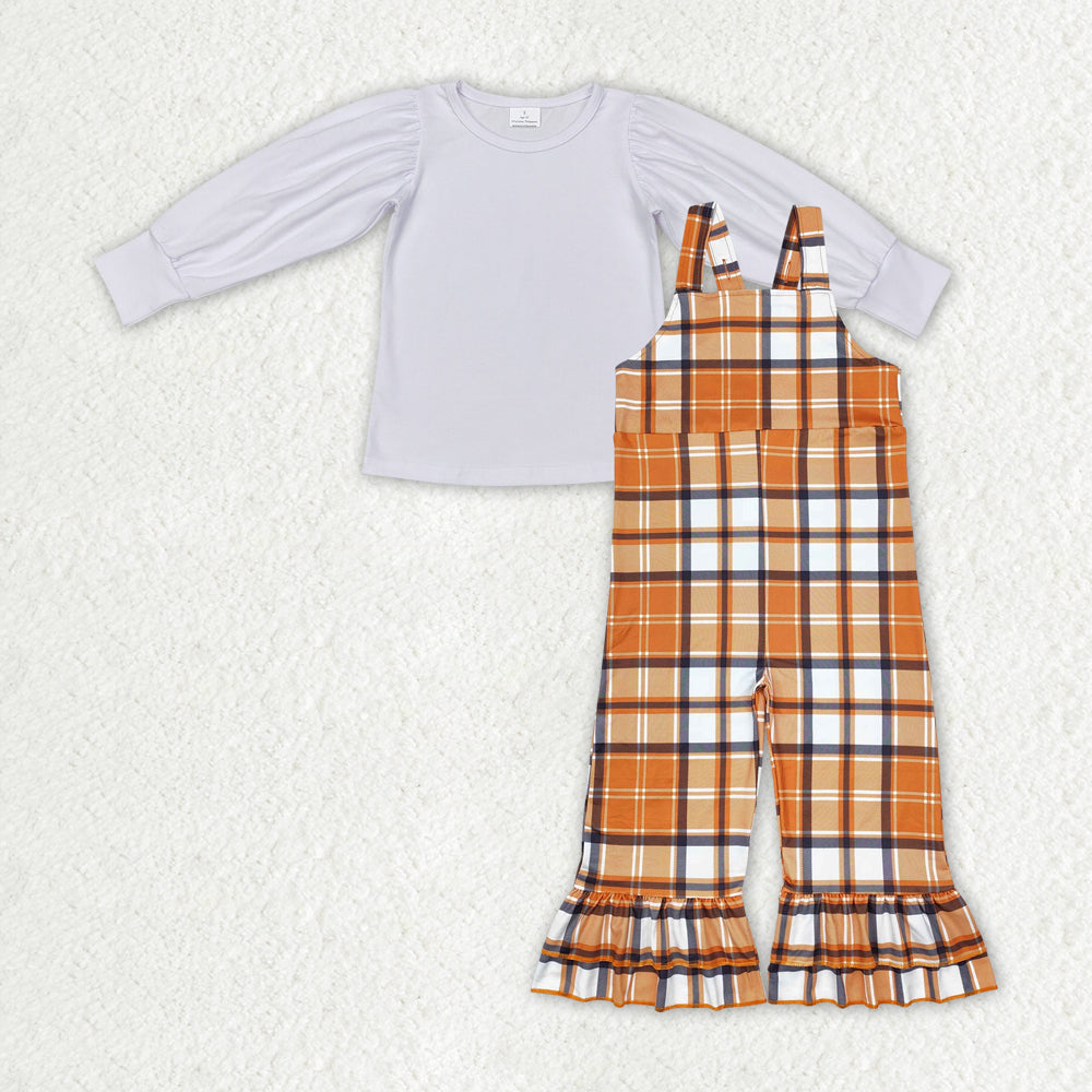 Baby girls white long sleeve top orange plaid suspender pants outfit