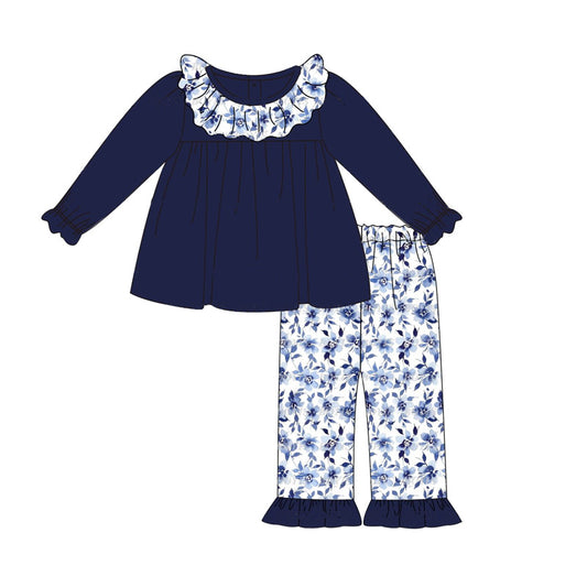 baby girl navy tunic top matching  floral ruffle pants spring fall clothes preorder