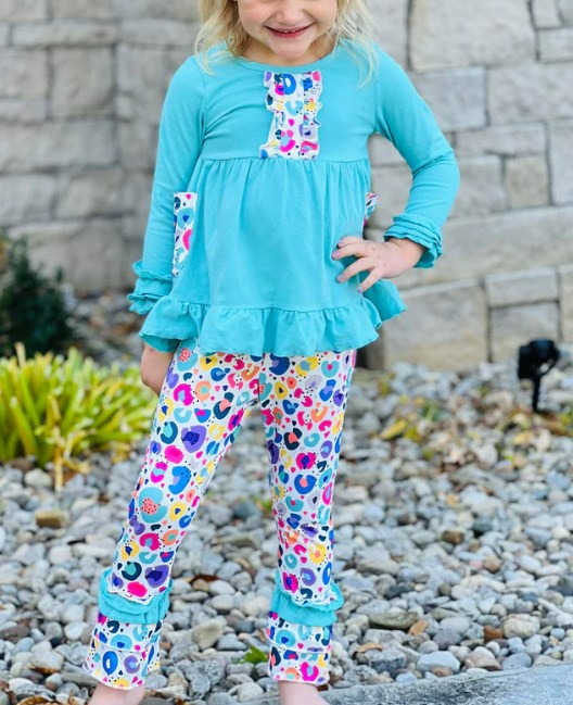 baby girl blue pocket top matching cheetah pants spring fall clothes preorder