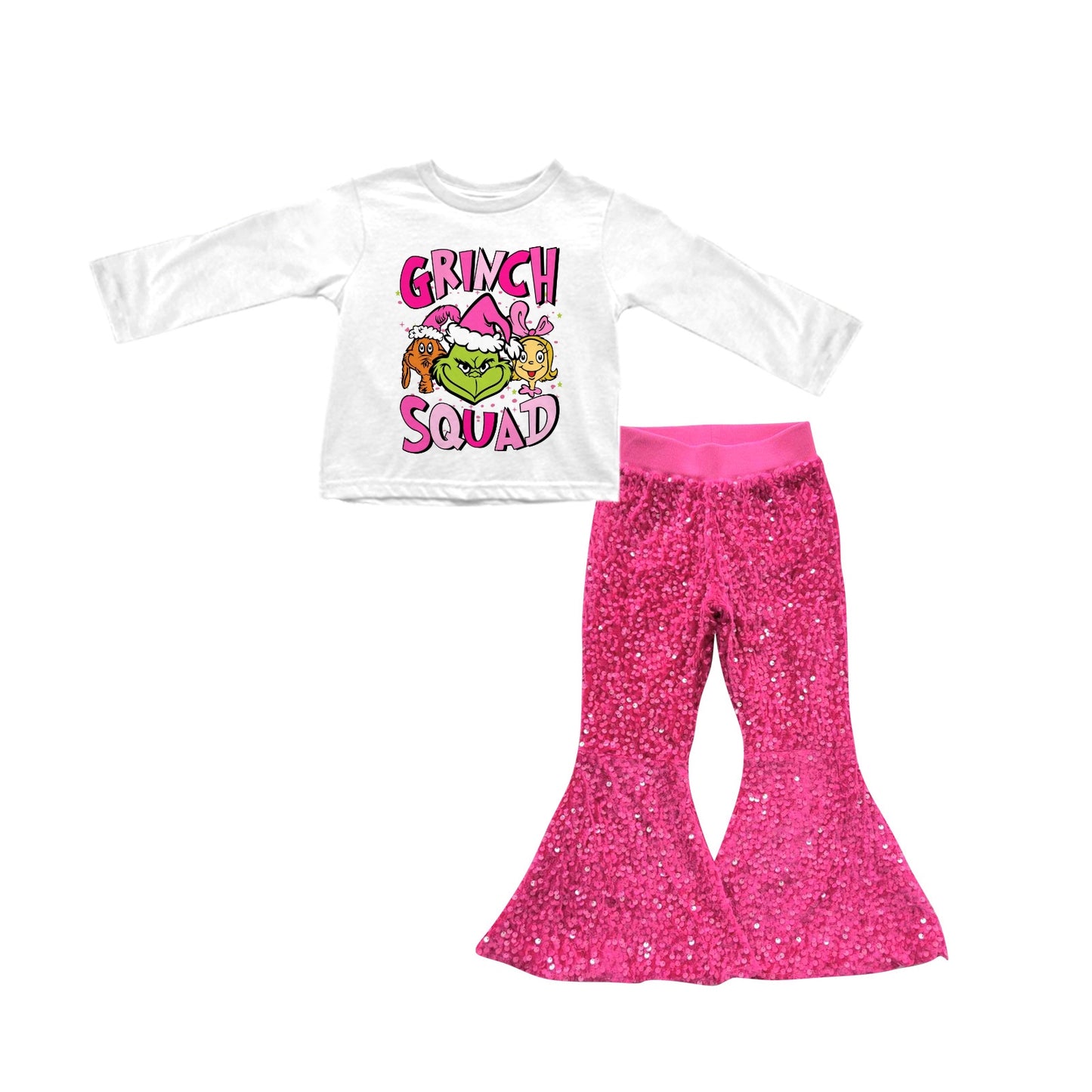 Christmas green face top hot pink sequins pants outfit