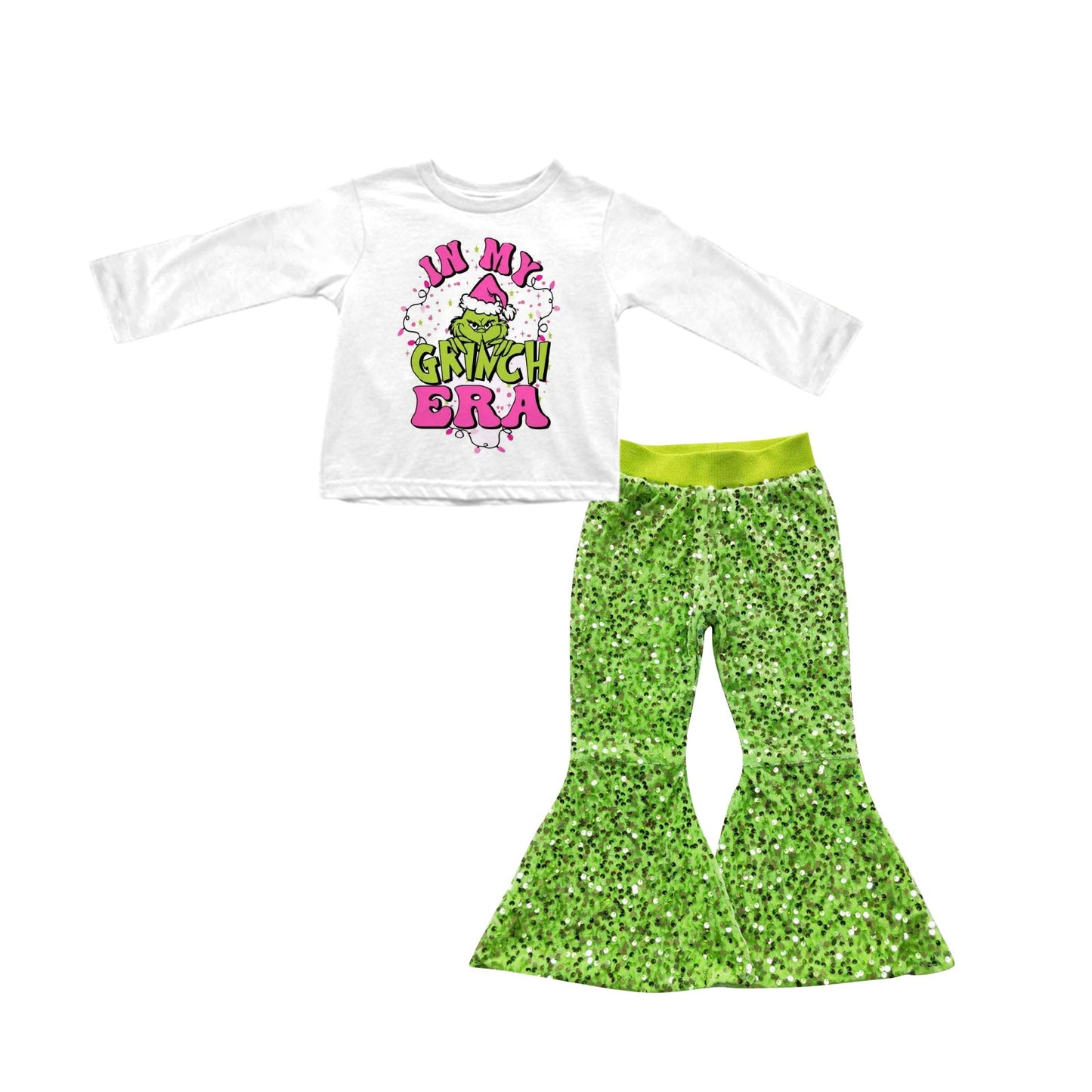 Christmas green face top green sequins pants outfit