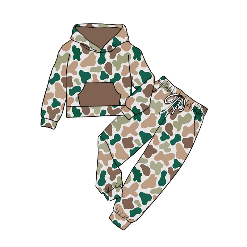 Infant baby boy long sleeve green brown cow print hoodie set preorder