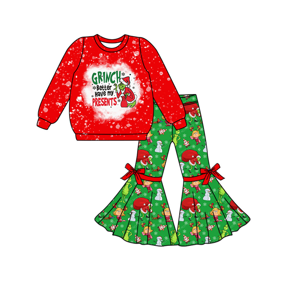 Toddle baby girls green face red top matching bell bottoms Christmas outfit preorder