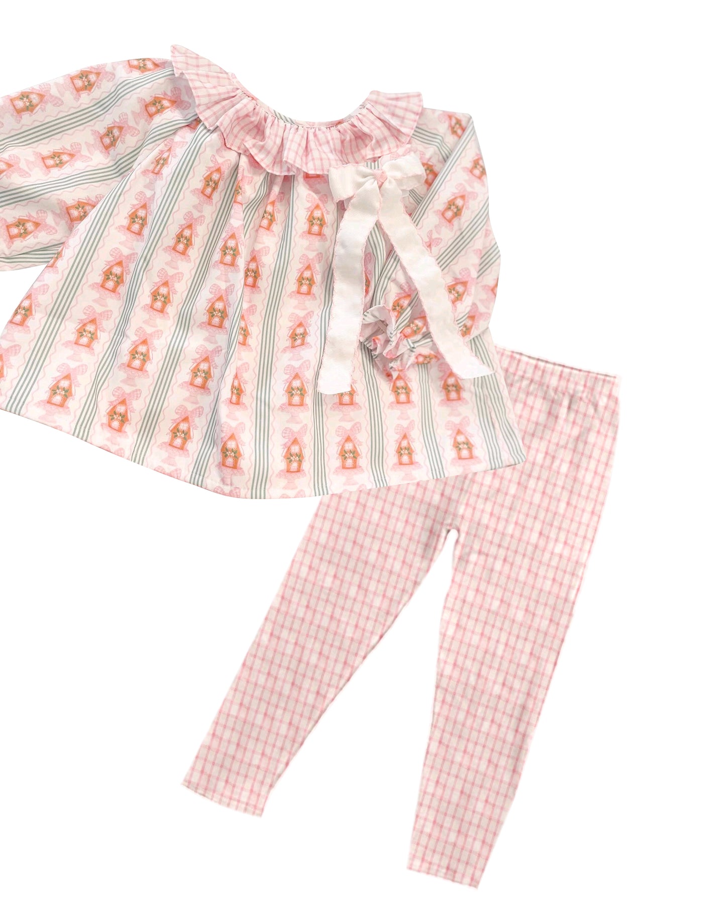 Pink bow house tunic plaid leggings wholesale clothing set preorder