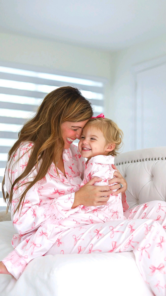 Adult women pink bow button down fall winter pajama set preorder
