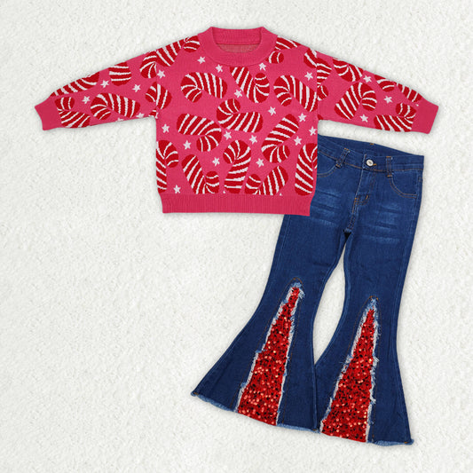 Christmas candy cane sweater blue jeans bell bottoms outfit