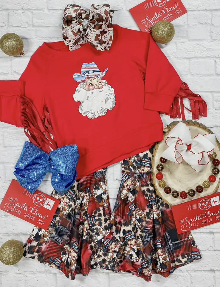 Christmas Santa Claus Baby Girl Long Sleeve Top Matching Bell Bottoms Outfit Preorder