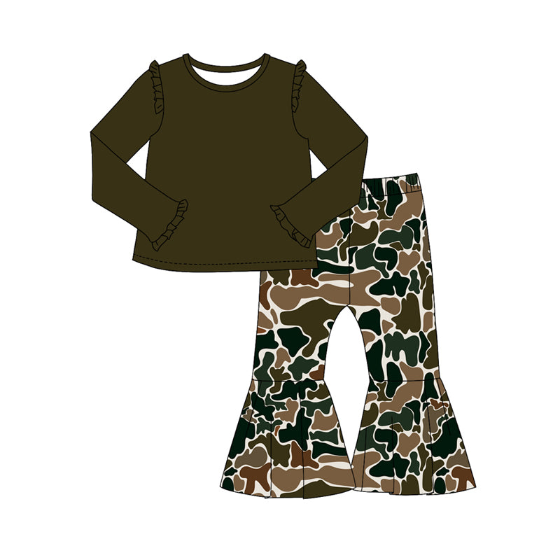 Wholesale kids baby girls long sleeve cotton top matching green camo pants clothes preorder