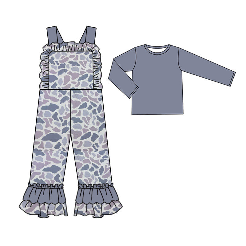 Wholesale baby girl grey top matching camo jumpsuit clothes preorder