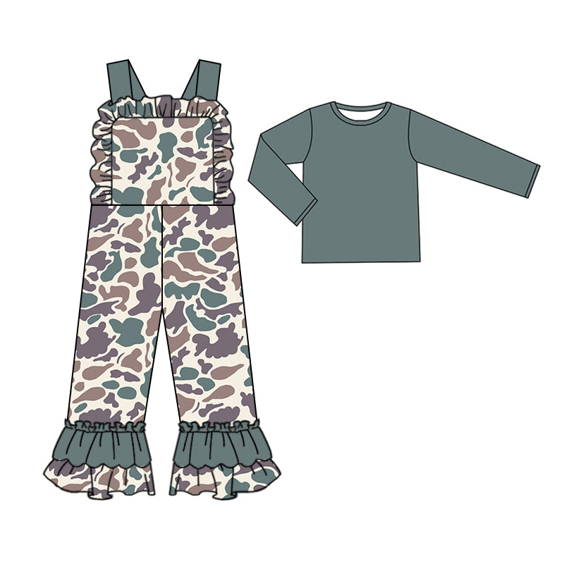 Wholesale baby girl light green top matching camo jumpsuit clothes preorder