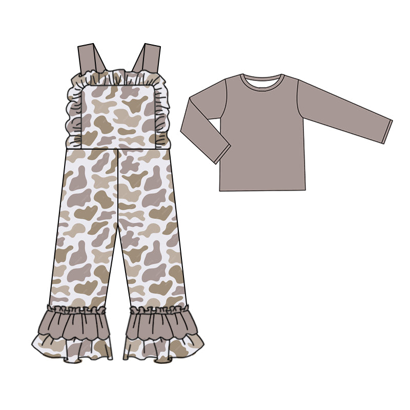 Wholesale baby girl  light grey top matching camo jumpsuit clothes preorder