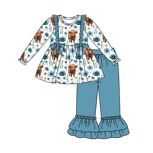 baby girl highland cow blue floral tunic top matching ruffle pants boutique fall winter clothes preorder