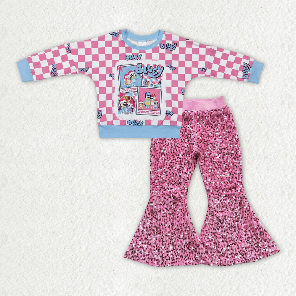 Blue cartoon top pink sequins pants spring fall outfit