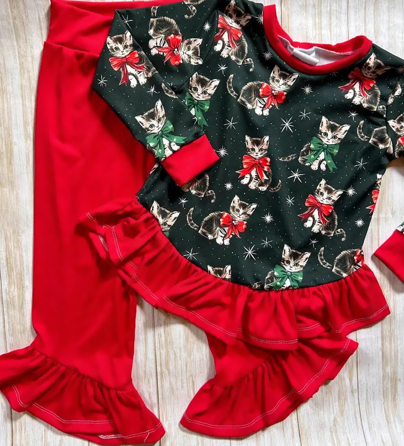 Christmas cat green red bow baby girl outfit preorder