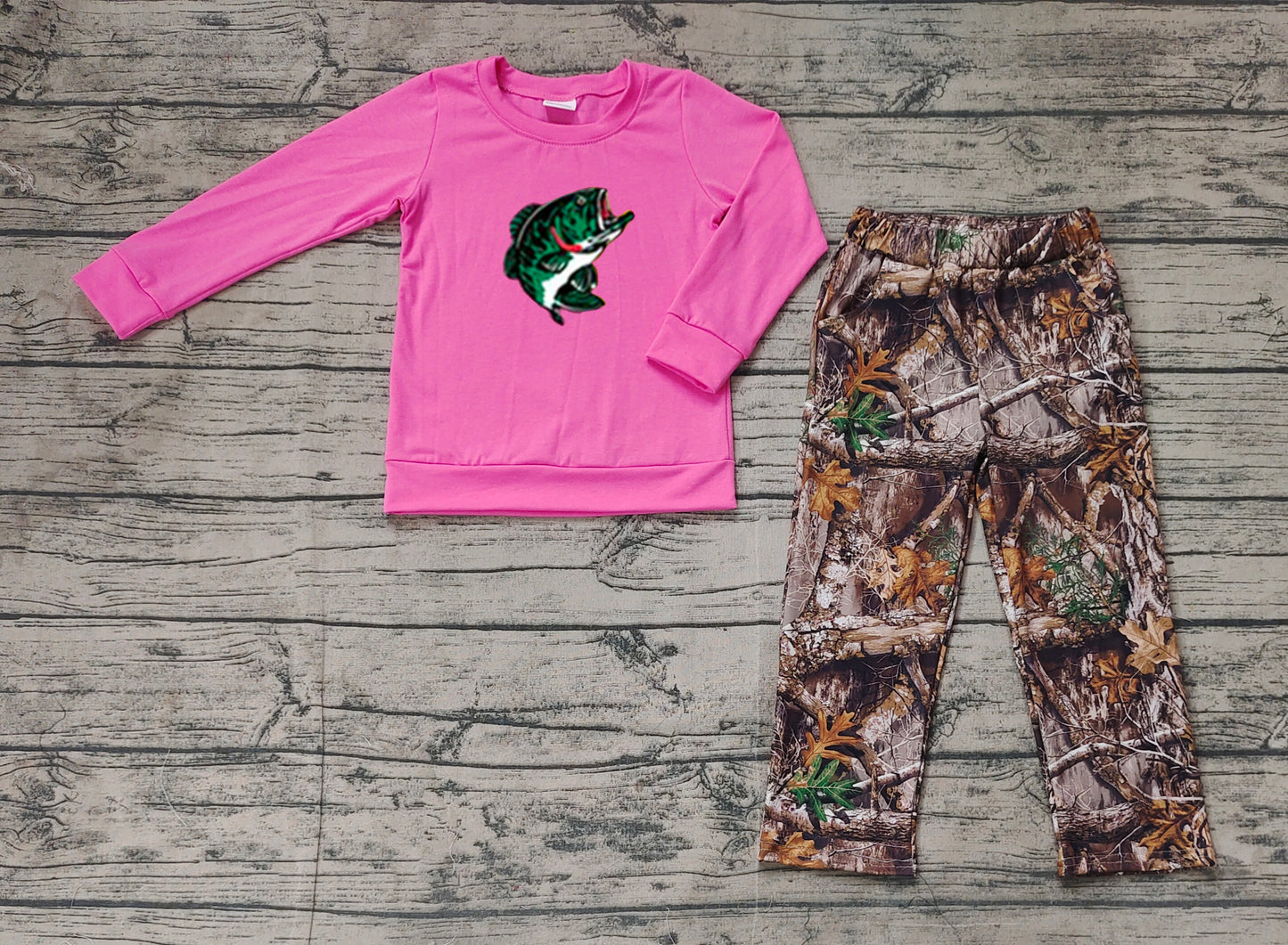 Hot pink vinly fishing top camo pants baby girls clothes preorder