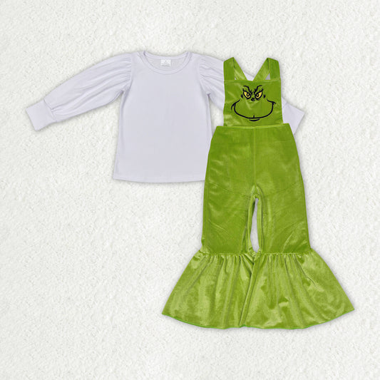 White long sleeve cotton top Christmas green velvet overall 2pcs clothing set