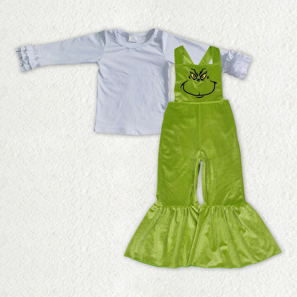 White cotton top Christmas green velvet overall 2pcs clothing set