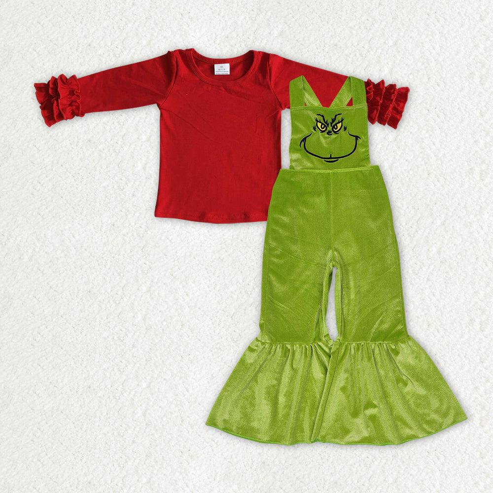 Red cotton top Christmas green velvet overall 2pcs clothing set