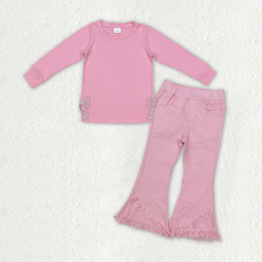 Pink bow long sleeve top pink jeans pants outfit