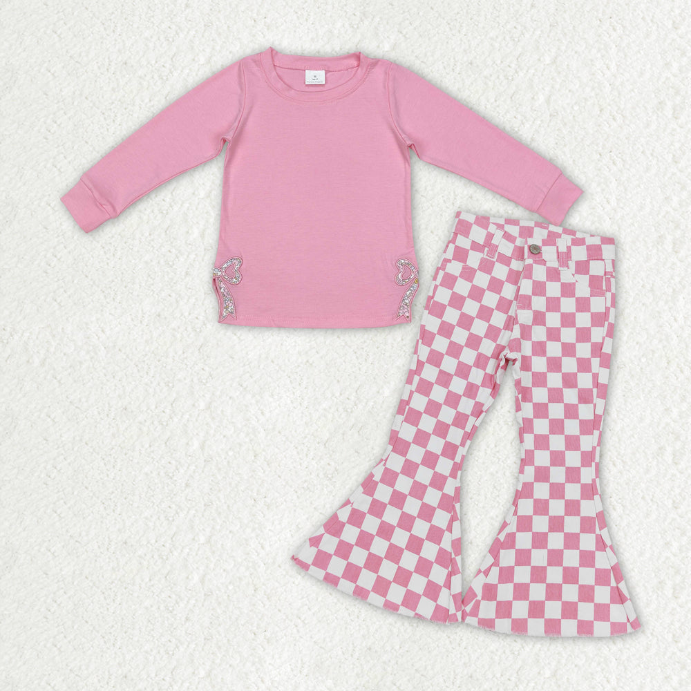 Pink bow long sleeve top pink checkered jeans pants outfit