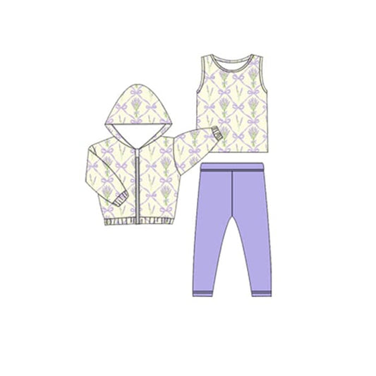 Lavender bow flower tank top matching pants hoodie top 3pcs clothing set preorder