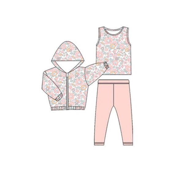 Pink flower tank top matching pants hoodie top 3pcs clothing set preorder