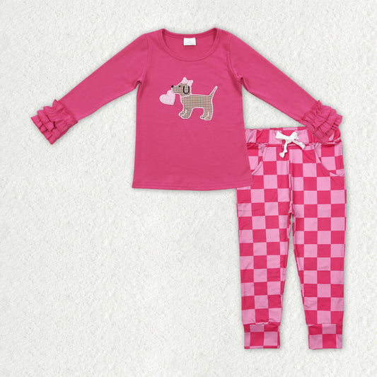 children girls long sleeve Valentines dog top checkered pants outfit