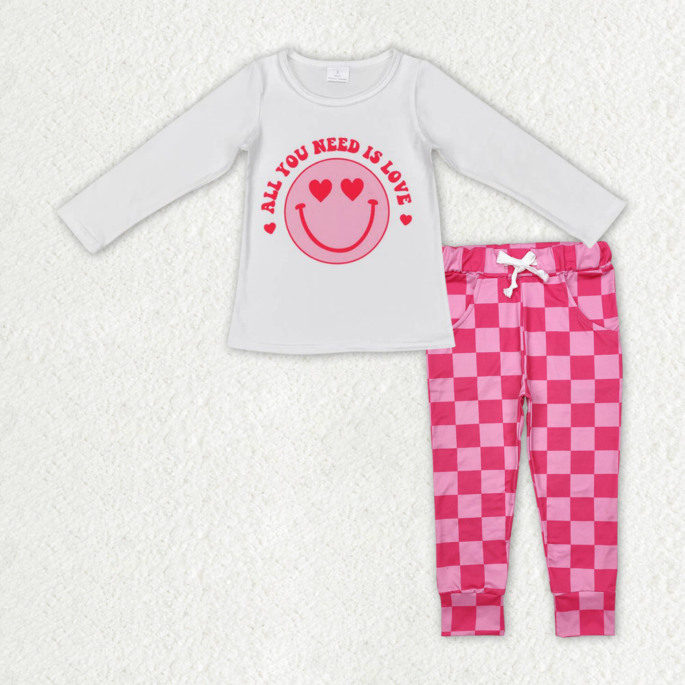 children girls long sleeve smile face top checkered pants outfit