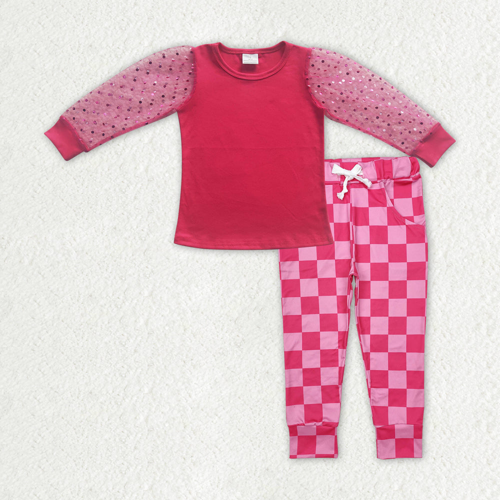 children girls long sleeve pink top checkered pants outfit