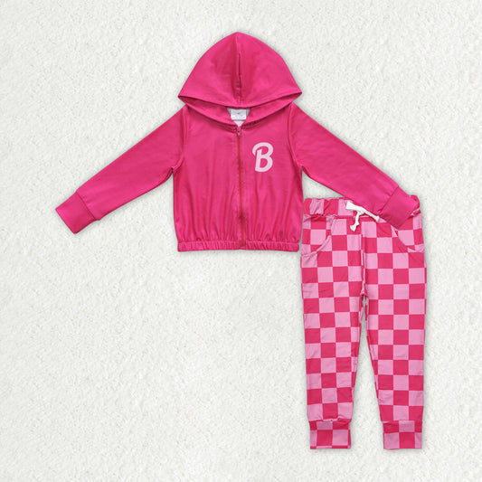 children girls long sleeve pink doll hoodie top checkered pants outfit