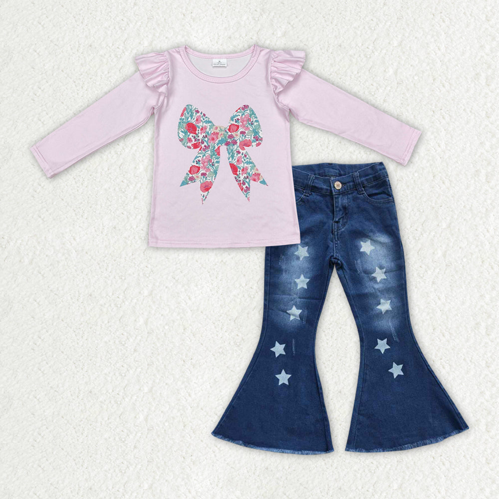 Floral bow top blue jeans bell bottoms outfit