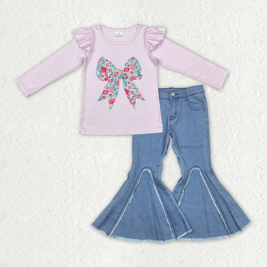 Floral bow top blue jeans bell bottoms girls outfit