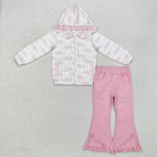 Pink bow long sleeve hoodie top pink flare jeans pants girls outfit