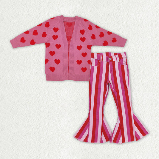 Valentines day heart sweater cardigan coat stripes jeans bell bottoms outfit