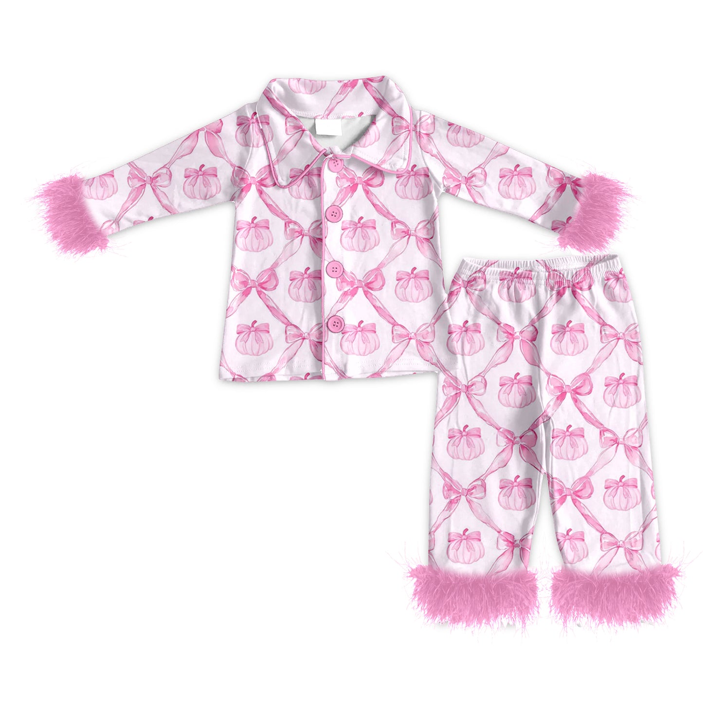 Pink pumpkin bow long sleeve fur pajama set outfit preorder