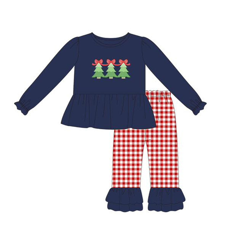 Christmas tree shirt red plaid pants girls long sleeve outfit preorder