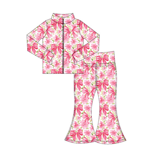 Baby girls pink bow flowers long sleeve active wear athletic yoga set preorder