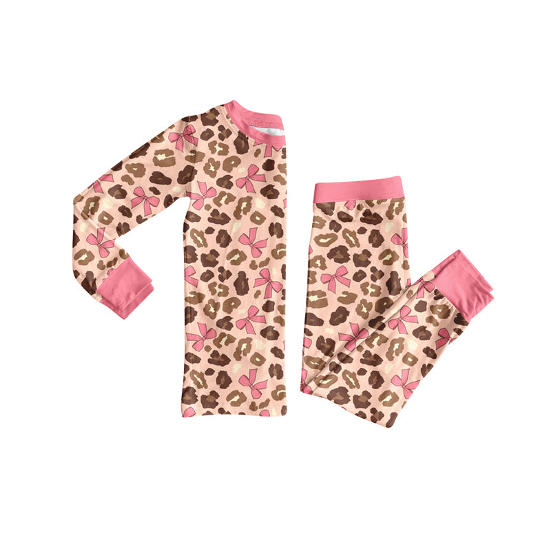 Baby girl  leopard pink bow long sleeve pajama set clothes preorder