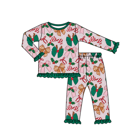 Christmas green red bow holly berry long sleeve pajama set clothes preorder