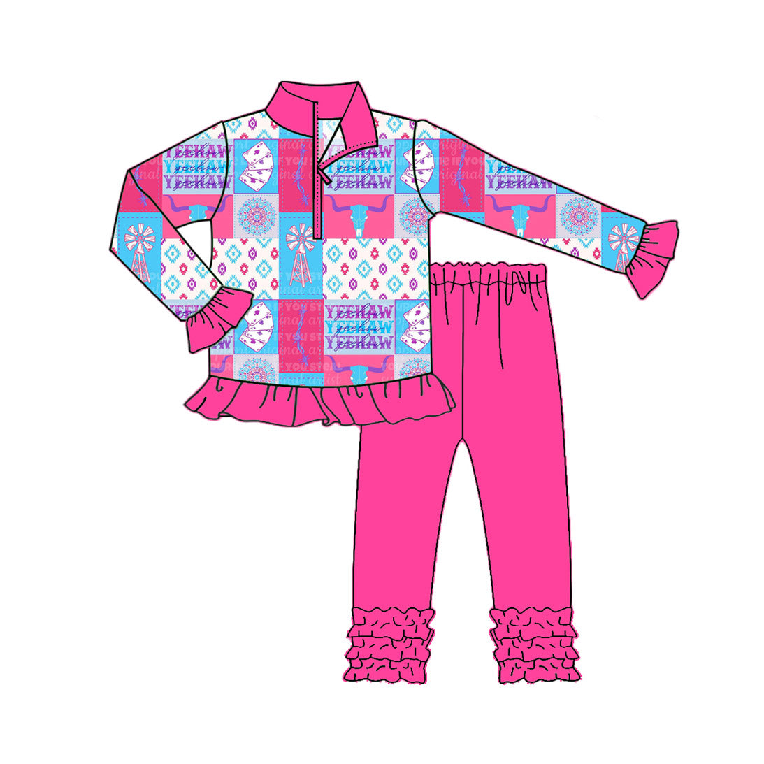 Western cow shirt ruffle pants girls long sleeve matching outfit preorder