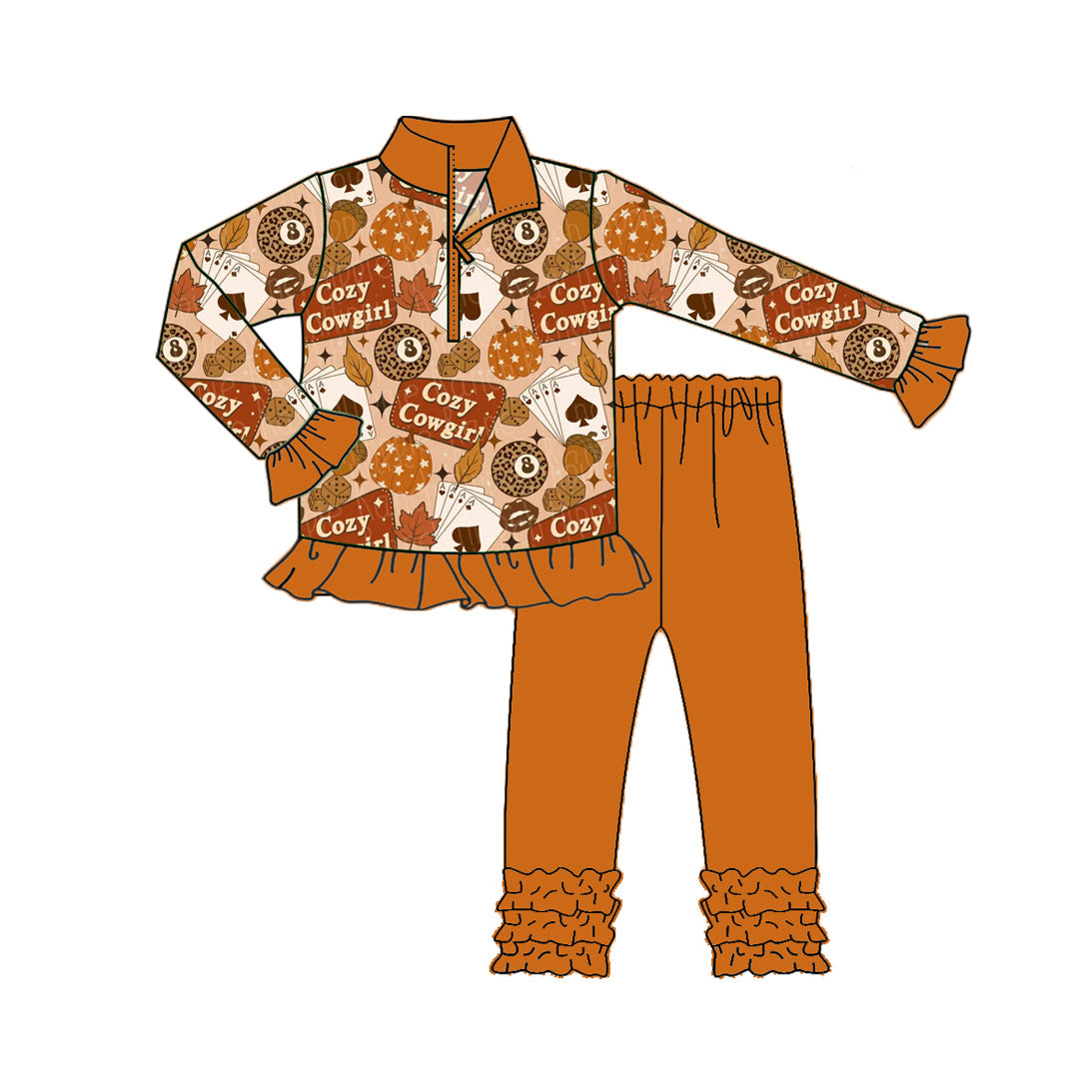Western cowgirl long sleeve shirt ruffle pants matching outfit preorder