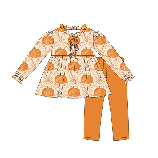 Fall pumpkins design girls long sleeve matching outfit preorder